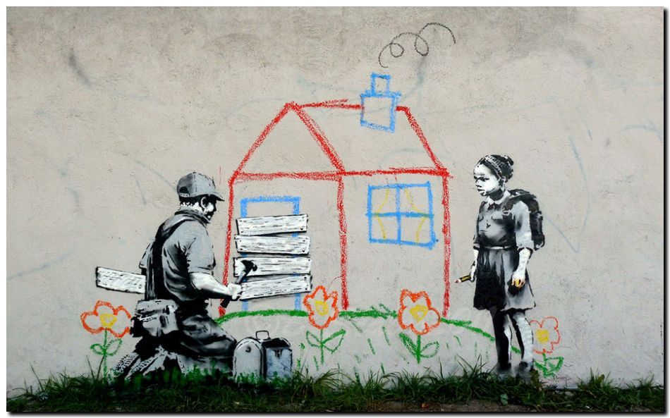 BANKSY STREET ART *FRAMED* CANVAS PRINT Volunteers painting 16