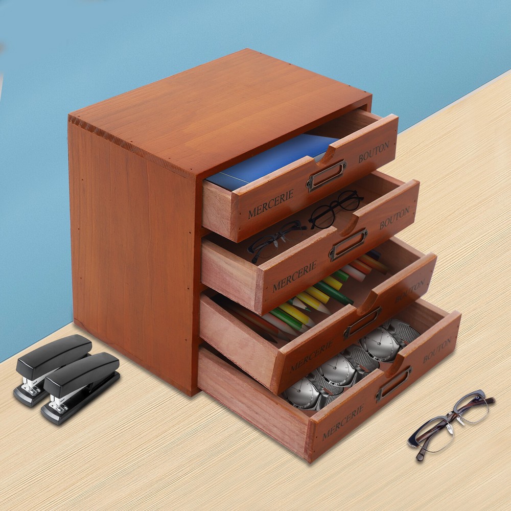 4-Tier Antique Brown Wooden Desktop Organizer with 4 Drawers for Office Storage