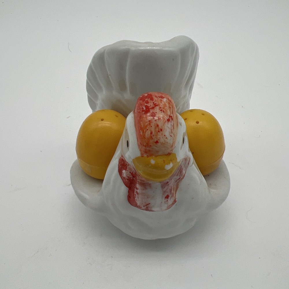 Vintage Chicken with Plastic Egg Salt and Pepper Shakers Stoppers Missing