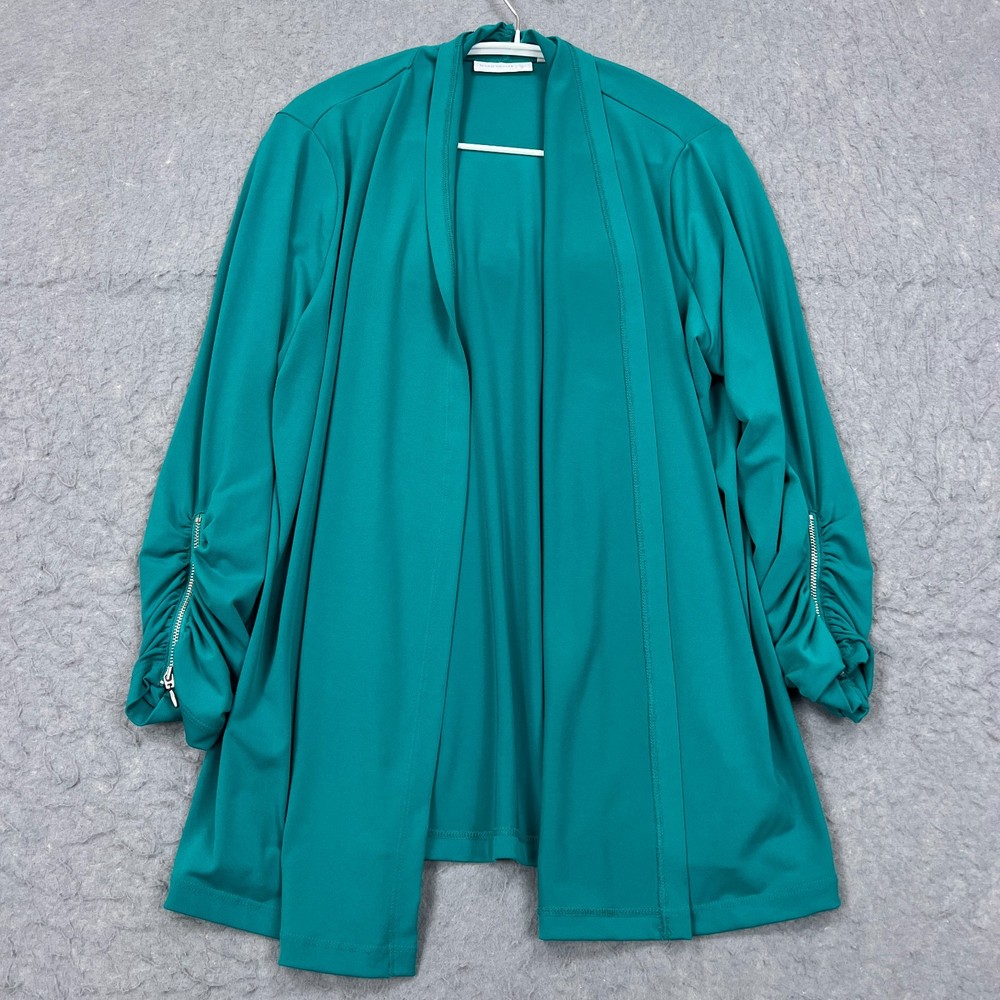 Susan Graver Liquid Knit Open Cardigan Women's Medium Blue Teal Zip Ruched Cuffs