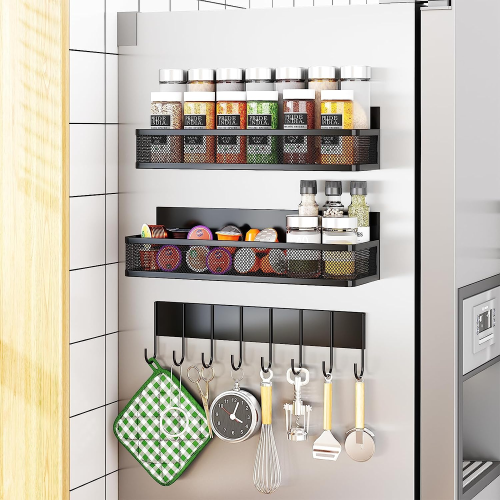 3-Pack Magnetic Spice Rack for Fridge – Adjustable Refrigerator Organizer Shelf