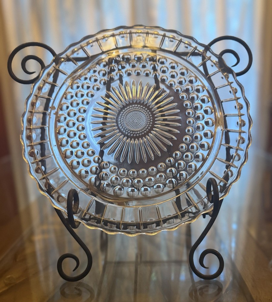 Clear Pressed Glass Round Plate Starburst Hobnail Pattern Decorative