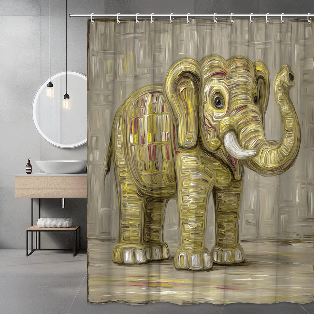 Elephant Graphic Shower Curtain, Abstract Animal Print, Beige Gold