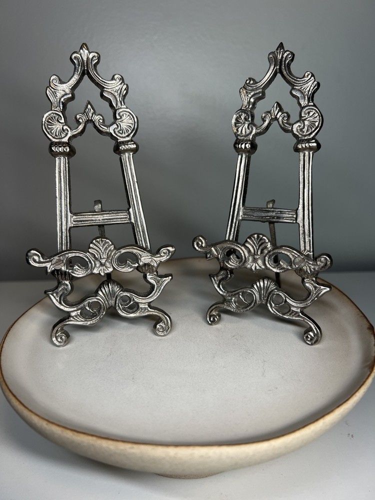 Antique Pewter Easel Pair for Vintage Bookcase or Moody Cottagecore Decor  