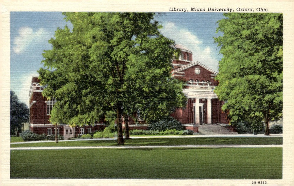 1943 Miami University Library Oxford Ohio Linen Art-Colortone Postcard