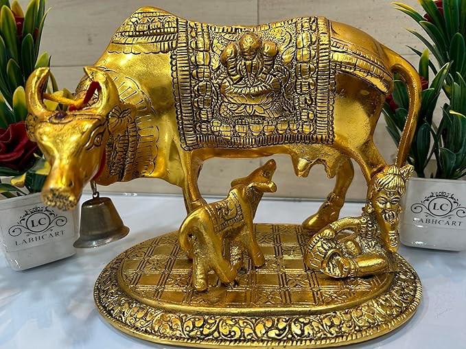 Brass Lord Kamdhenu Cow with Calf Statue, Metal Gau Mata Vastu Idol
