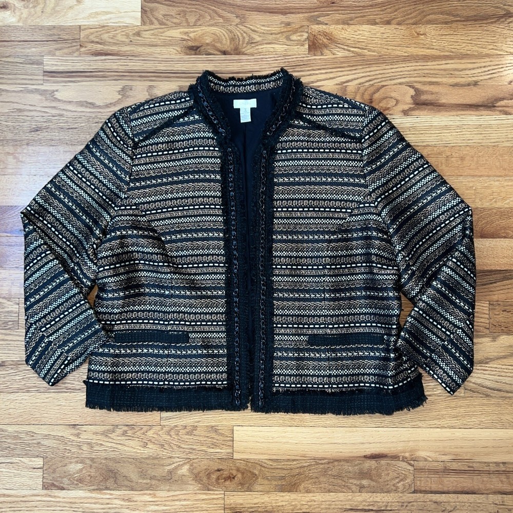 Chicos Jacket  Black Gold Metallic Royal Tweed Open Front Chain Sz 3 XL