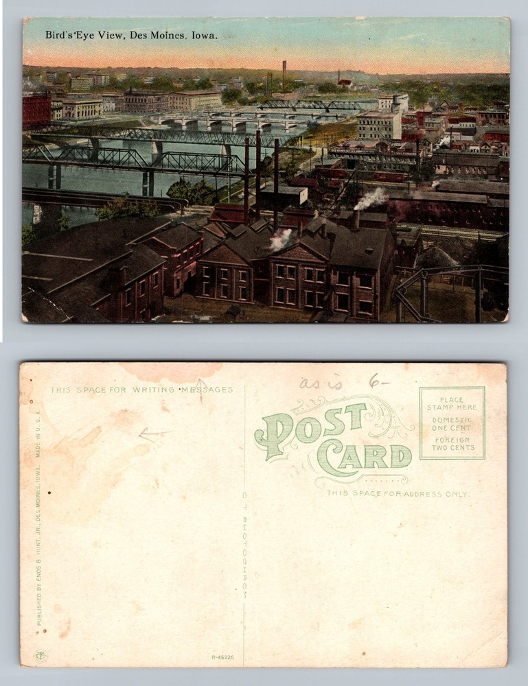 Des Moines, IA-Iowa, Bird’s Eye View Smokestacks River Bridges Vintage Postcard