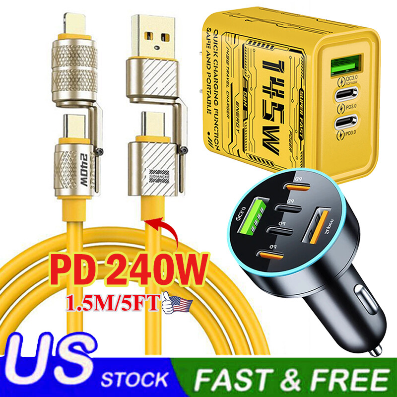 240W Fast Type C Wall Charger & 5FT 4 in 1 Cable For iPhone 16 Pro Max 15 14 13
