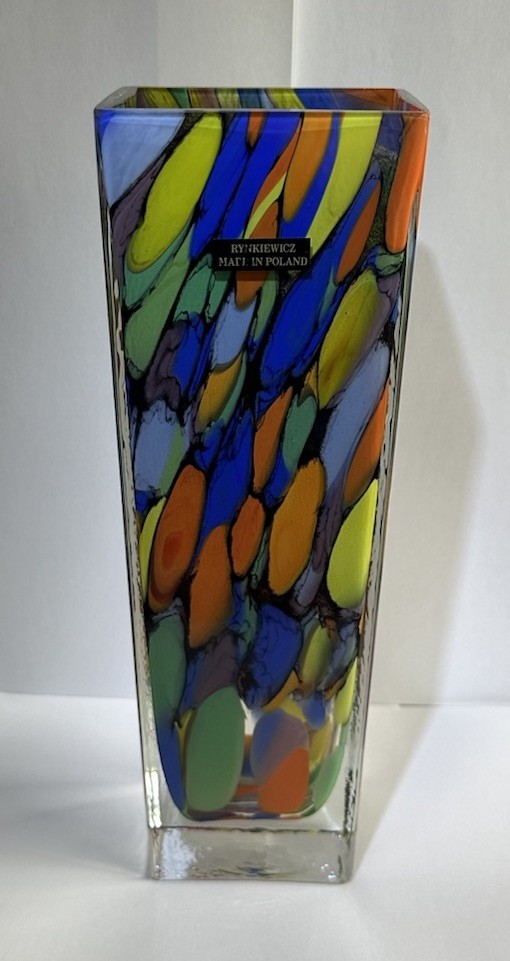 Vintage Rynkiewicz Made In Poland Multicolored  Handblown Art Glass Vase 11.5”