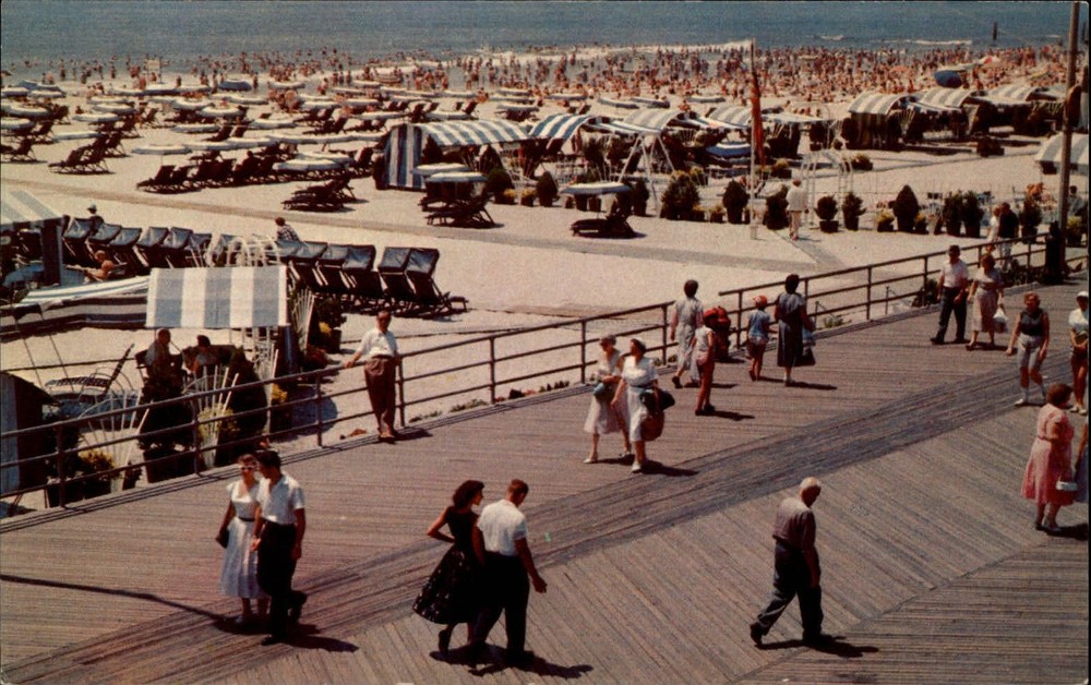 Boardwalk beach cabanas 1950s fashion ~ Atlantic City NJ ~ vintage postcard