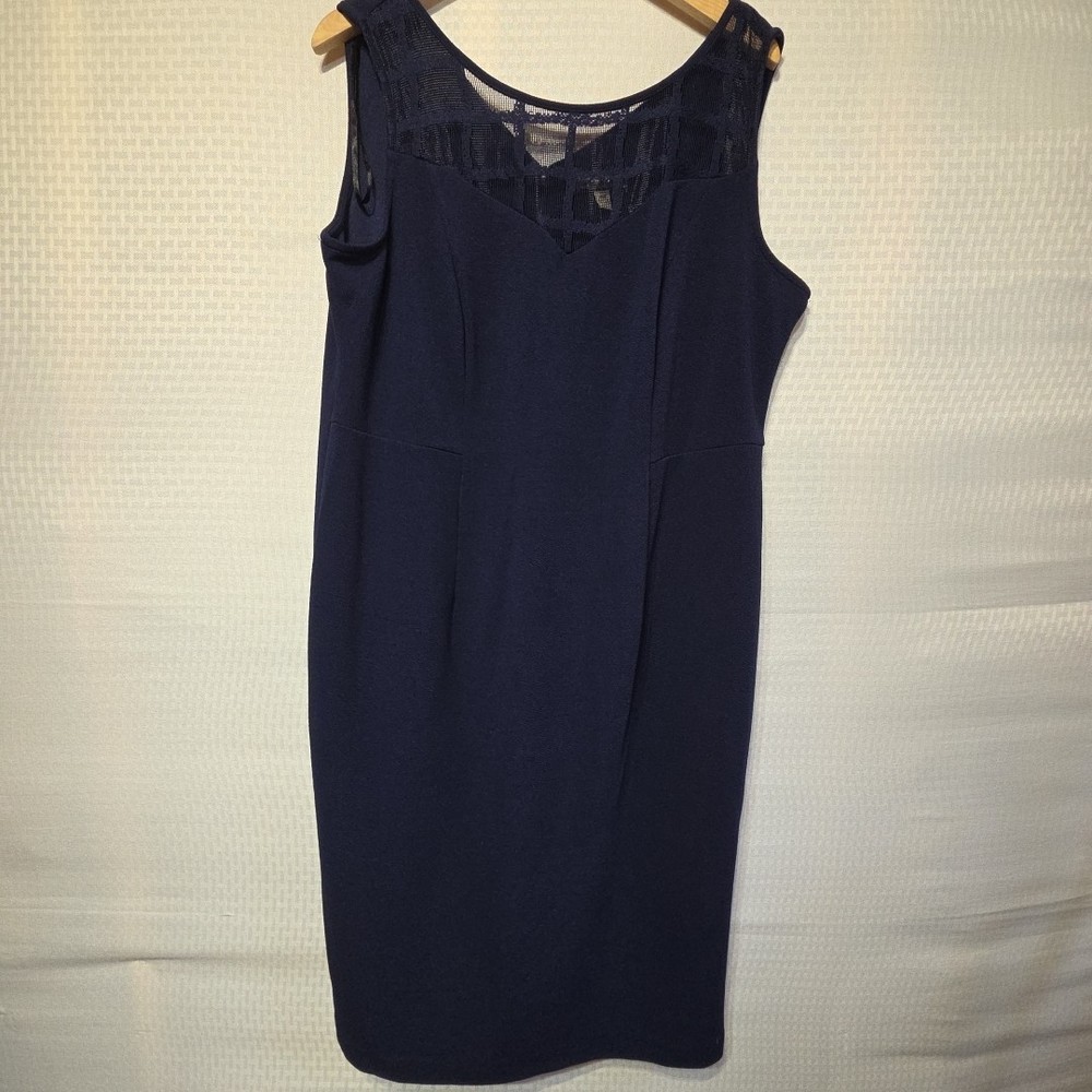 Maya Brooke Women’s 16W Navy Blue Sheath Dress Mesh Illusion Neckline Crepe