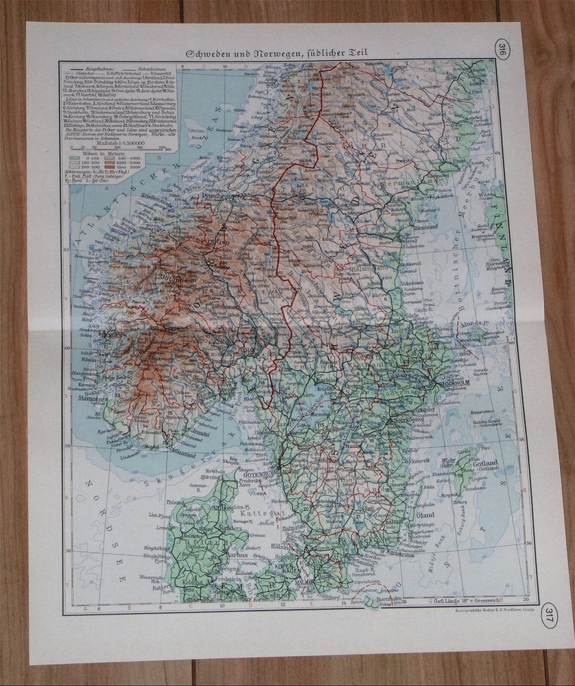 1937 Vintage Map Of Sweden Norway Denmark / Oslo Stockholm