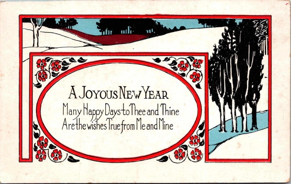 A Joyous New Year Snow Scene Trees Printed Postcard