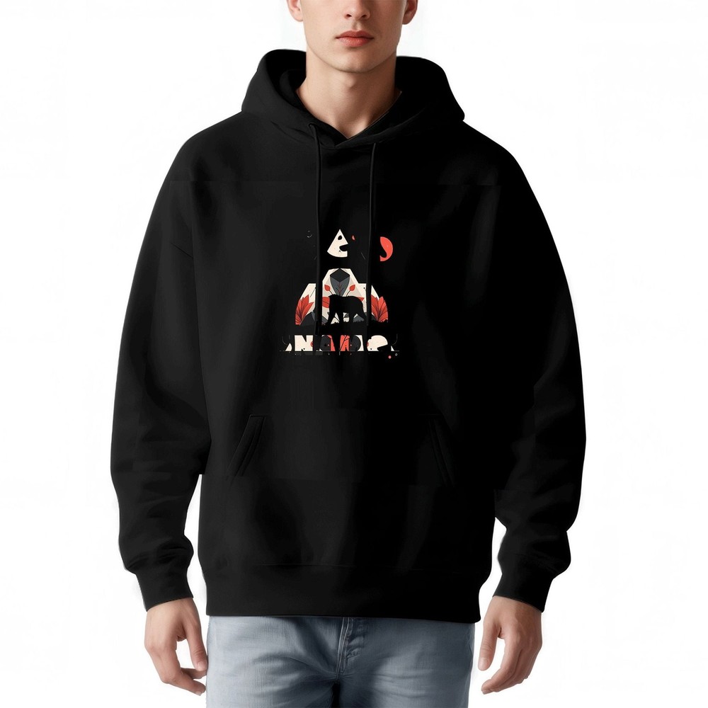 Men's Loose Fit Black Hoodie with Abstract Red White & Black Graphic Design-image