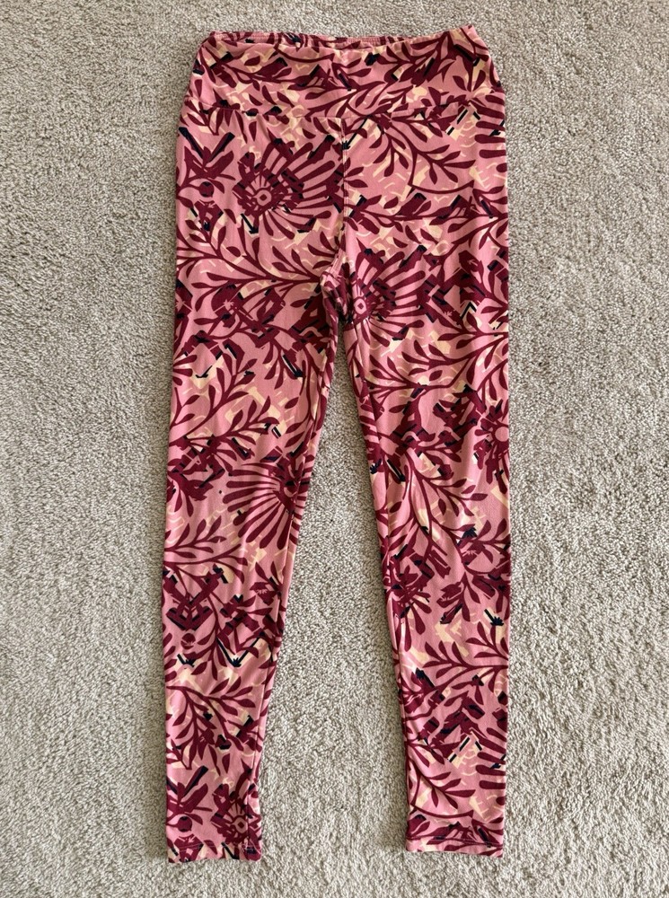 LuLaRoe Women’s One Size Ankle Leggings Pink Burgundy Floral Stretch High Rise