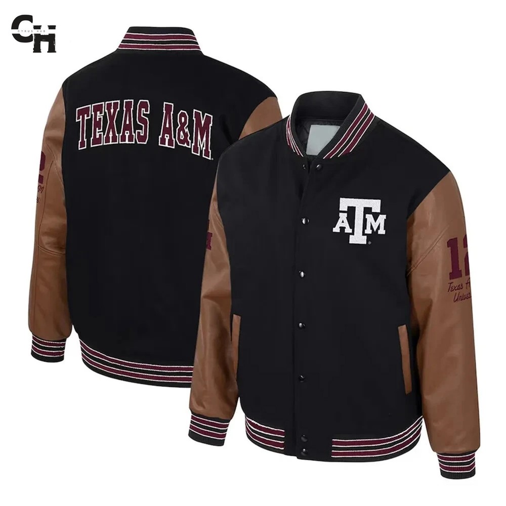 Letterman Texas A&M Aggies Black Wool and Brown Leather Sleeves Varsity Jacket