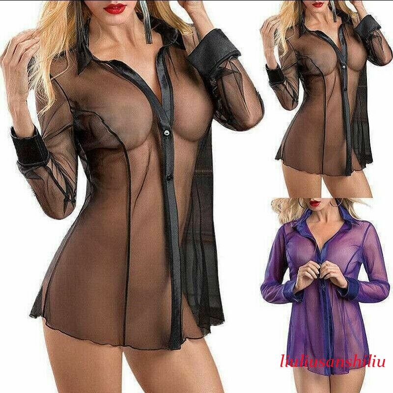Women's Sheer See Through Button Down Long Sleeve Mesh Lace Shirt Blouse Top