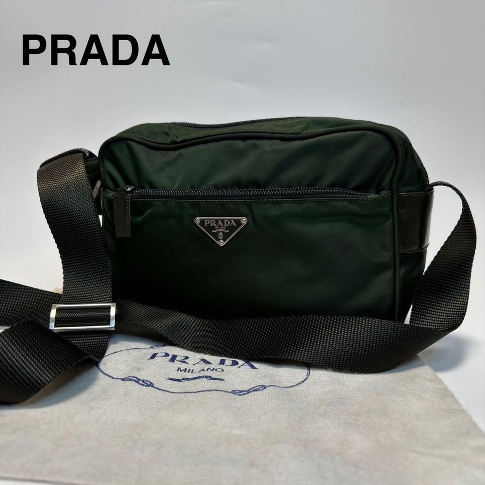 RARE PRADA triangle logo nylon khaki camera shoulder bag excellent condition