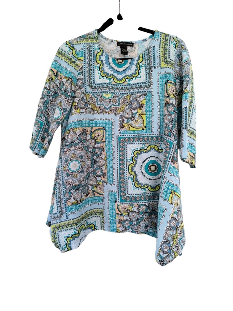 Paisley Linen Blend Womens Tunic Top Blouse Small Top Blue Green Grace Elements