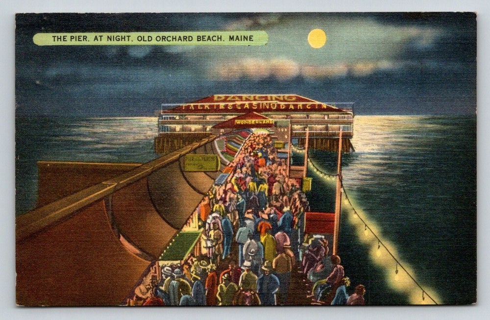 Old Orchard Beach Maine Pier Wonderland Dance Casino Night Linen Postcard
