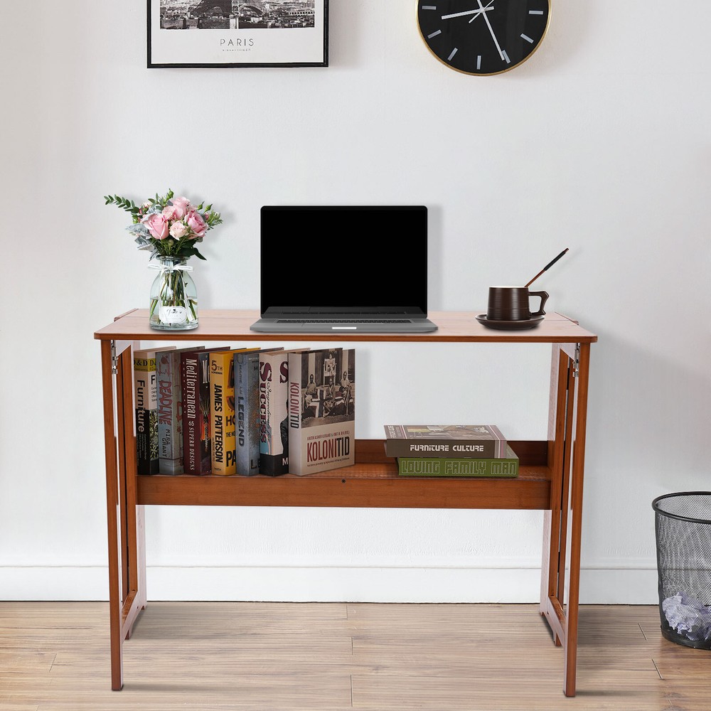 Modern Fold Desk Computer Desk with Bookshelf Bamboo Bedroom Office Writing Desk
