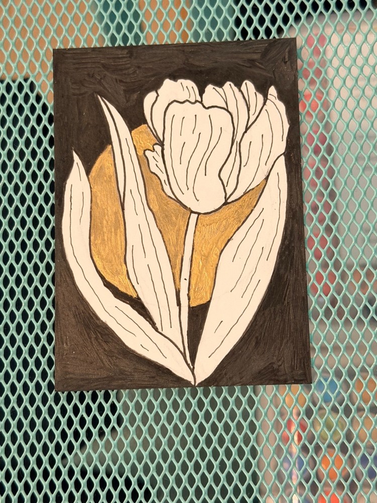ACEO Original Art Tulips Flowers Metalic Gold Painting Art Card signed by Amy