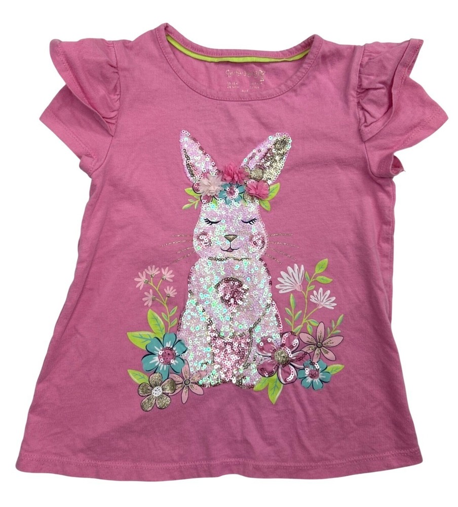 Cynthia Rowley Pink Spring Bunny T-Shirt Girl's Sz 4 Sequins Ruffle Short Sleeve
