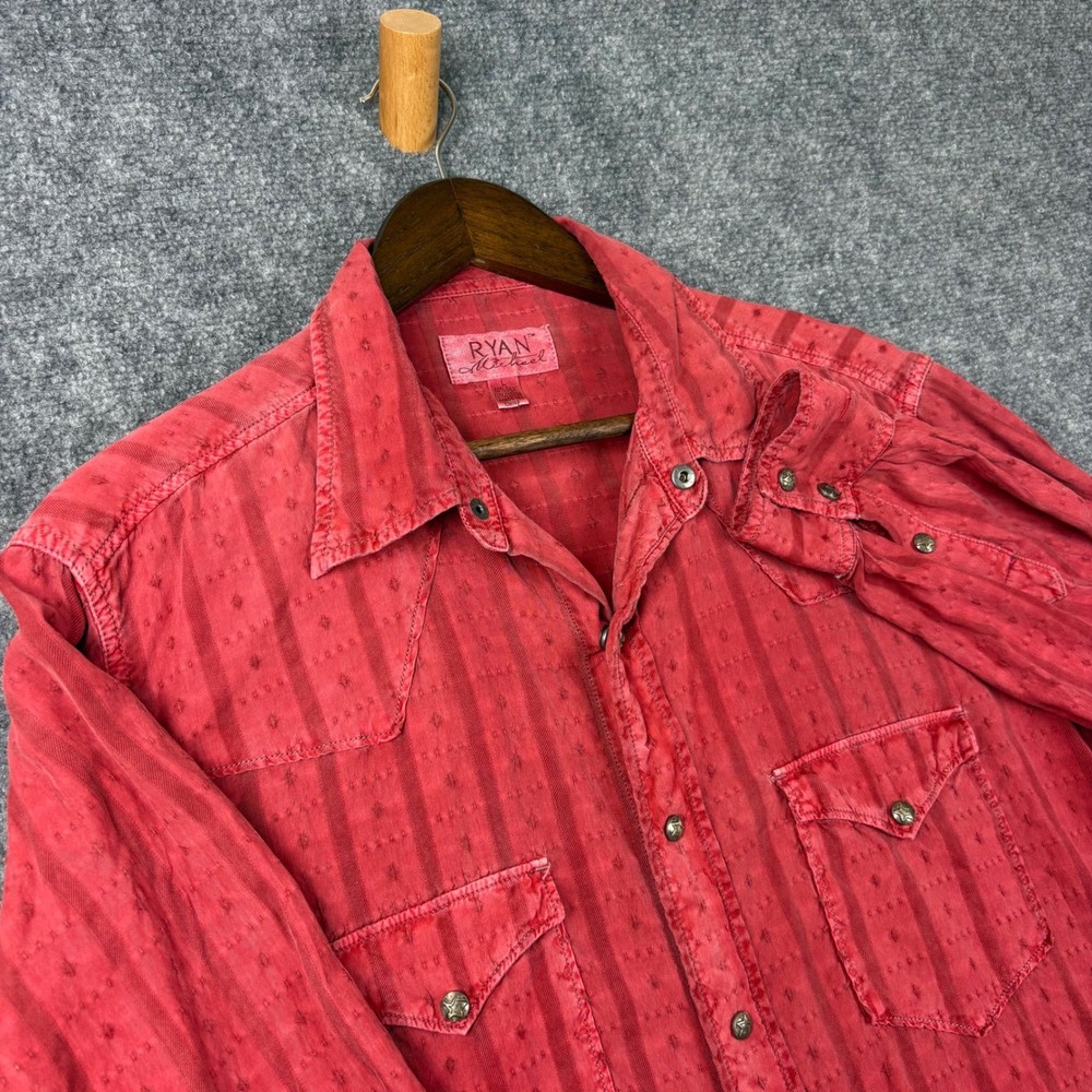 Ryan Michael Mens Large Red Silk Cotton Western Snap Long Sleeve Striped Shirt