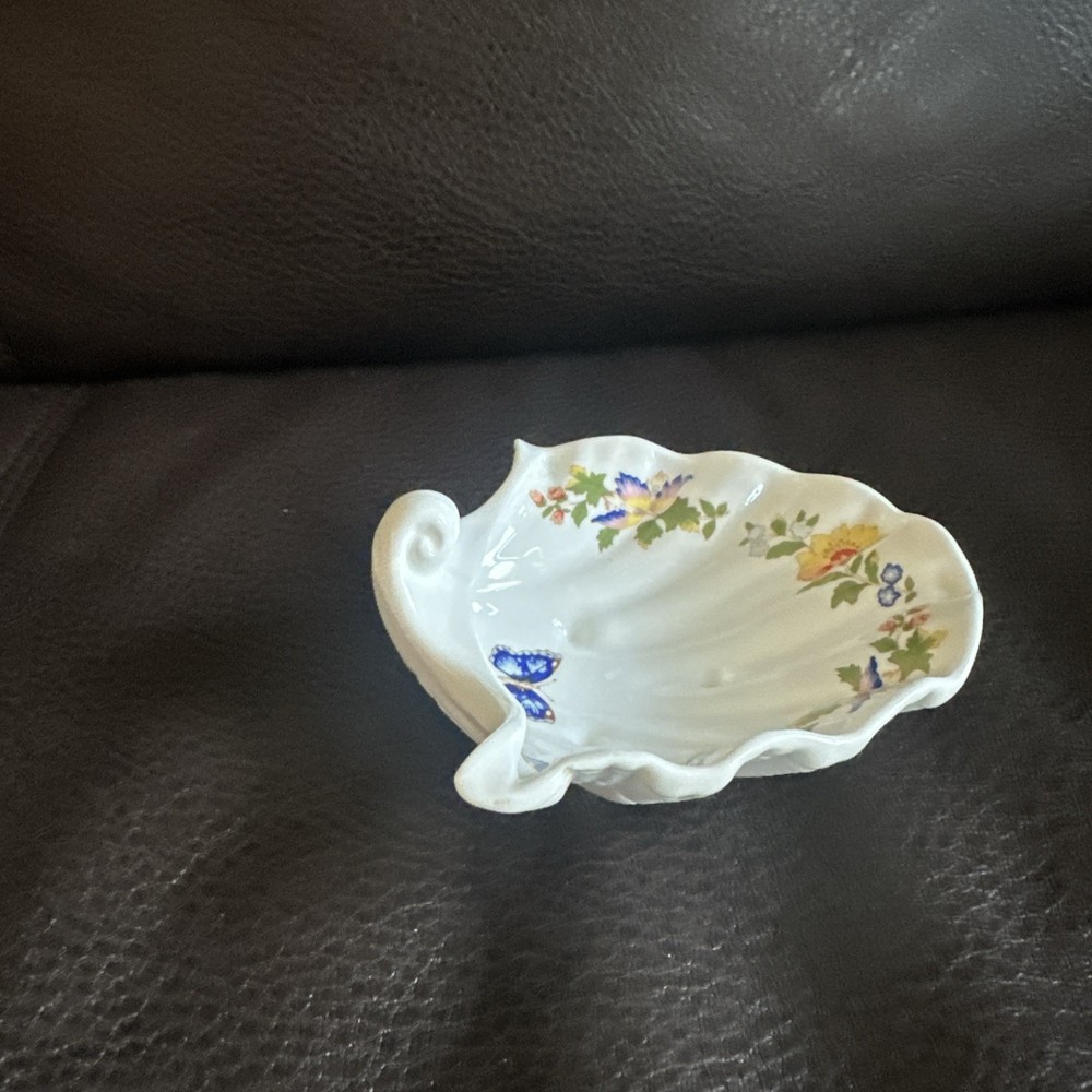 Aynsley Fine Bone China Shell shaped Dish Floral Design With Butterfly England