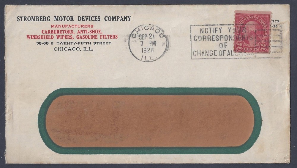 Us 1928 Advertising Cover Stromberg Motor Co Chicago Il Franked 2¢ Coil Motorize
