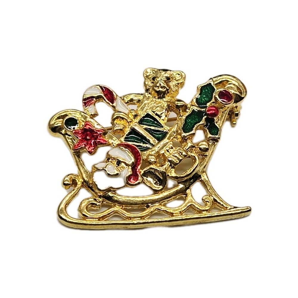 Santa Claus Sleigh Brooch Pin Christmas Jewelry Gold tone Numbered enamel