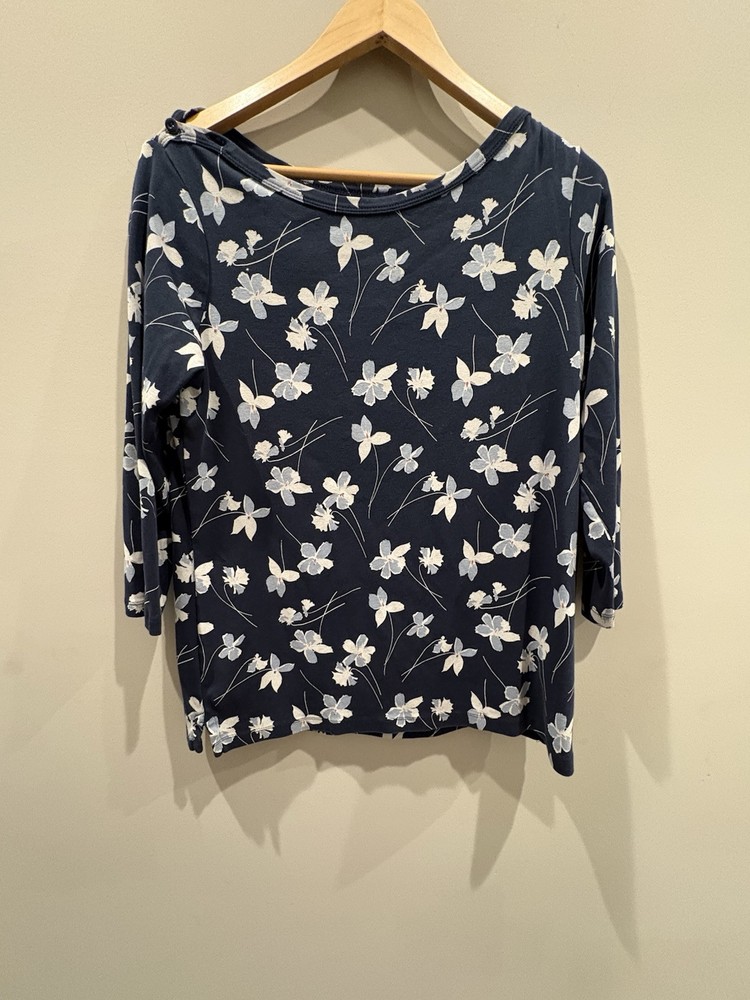 Lands End Womens Navy Floral Long Sleeve Relaxed Fit Tee Size L