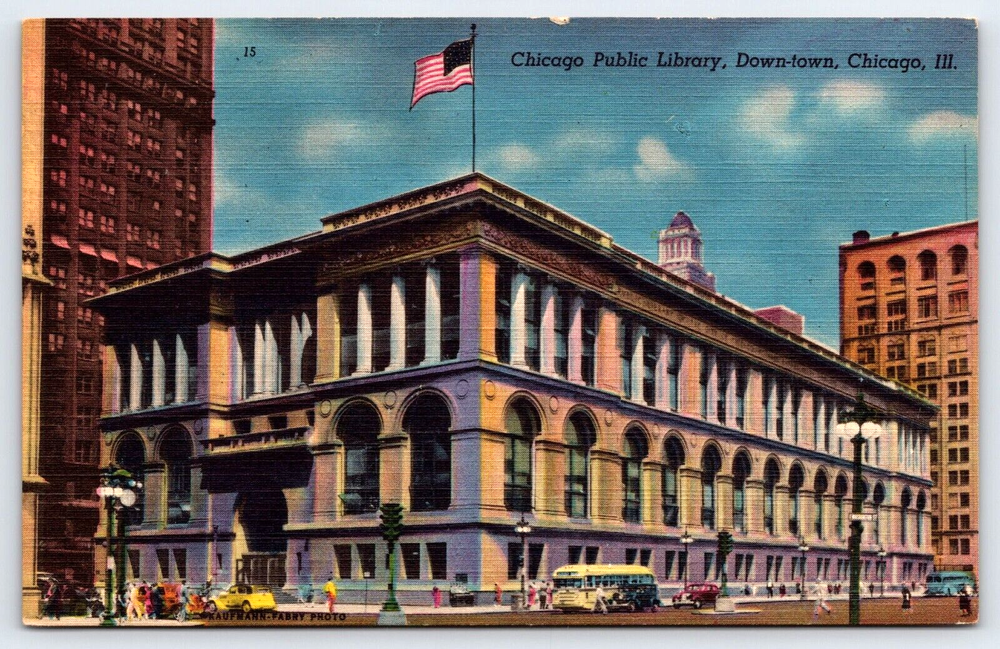 Chicago Illinois, Chicago Public Library, Buses, Cars, Antique, Vintage Postcard