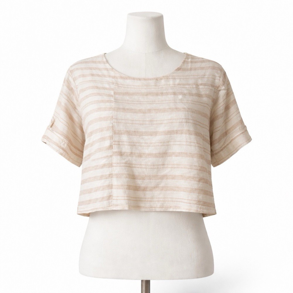 Pure Jill Women’s 100% Linen  Top Petite Medium MP Tan Cream Stripe Cropped