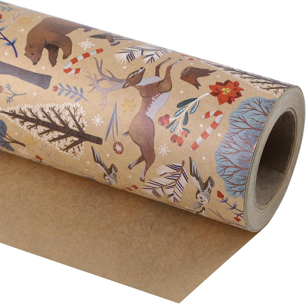 Kraft Christmas Wrapping Paper - Mini Roll - 17 Inch X 33 Feet - Animal and Tree
