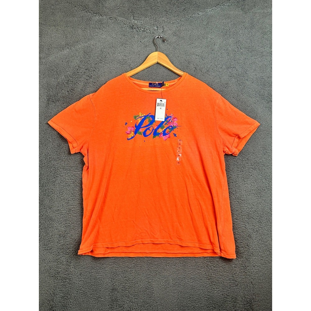 Polo Ralph Lauren Mens XL Orange Floral Script Logo Graphic T-Shirt NEW