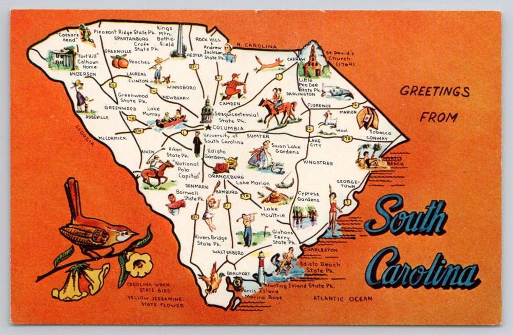 Vintage Greetings From South Carolina Map Postcard Dexter Press
