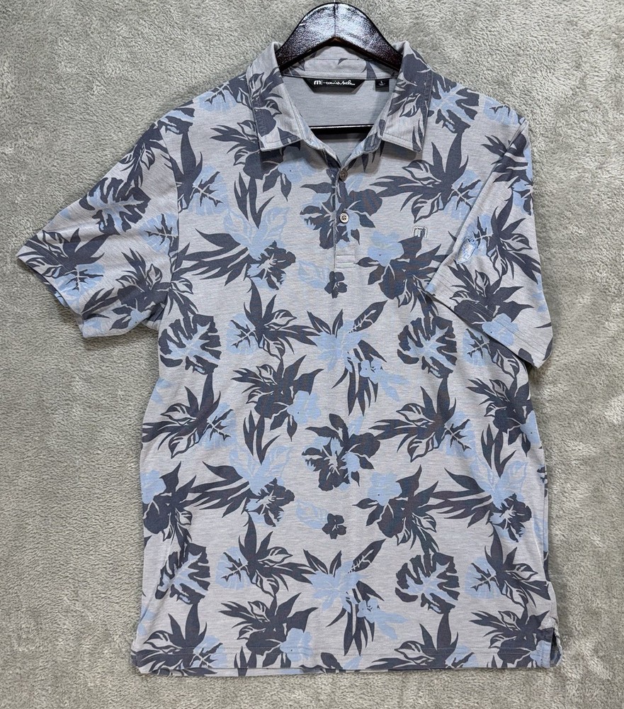 Travis Mathew Hawaiian Polo Men’s L Gray/Blue Flowers Golf Embroidered
