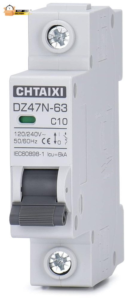 AC Miniature Circuit Breaker, 10 Amp 120V/240V 1 Pole DIN Rail Mount Circuit Br