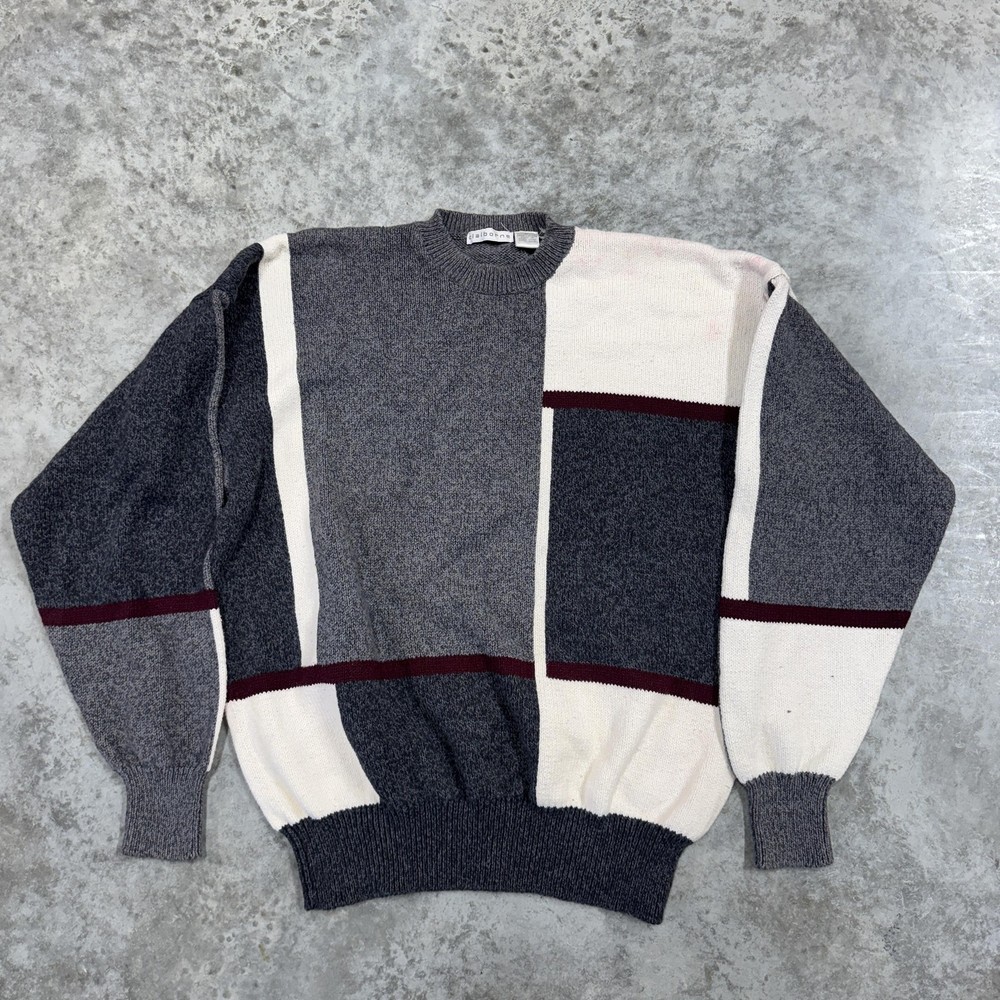Vintage Claiborne Sweater Mens XL Gray Geometric Crewneck Knit Hong Kong 80s