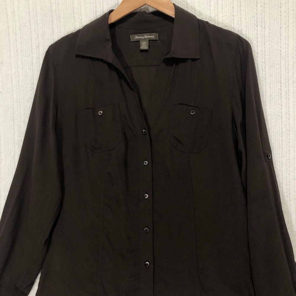Tommy Bahama Womens Brown Silk Button Down Shirt with Roll Tab Sleeves Size S