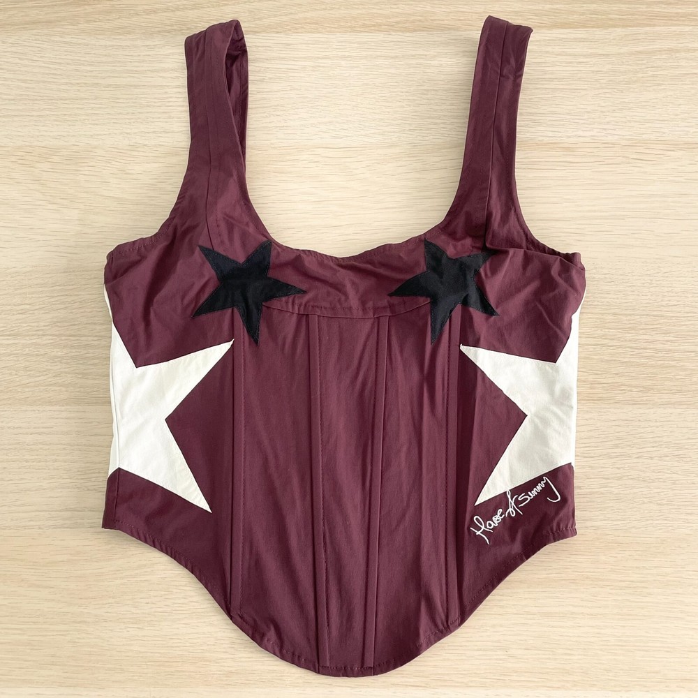 House Of Sunny Saloon Corset Top Women’s Size 8 Burgundy Star Print Fitted Design Brand New