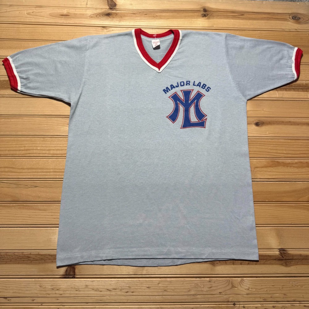 Vintage 70s Major Labs Athletic Sports V-Neck Graphic Ringer T-Shirt USA Made XL