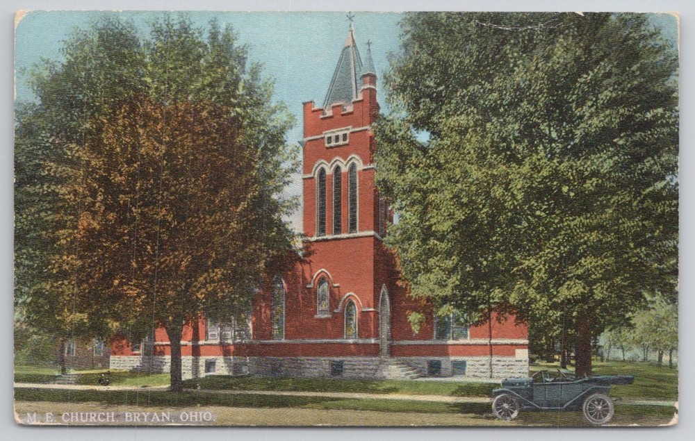 Bryan Ohio M.E. Church Vintage Postcard Early Auto Car Curt Teich A-50714