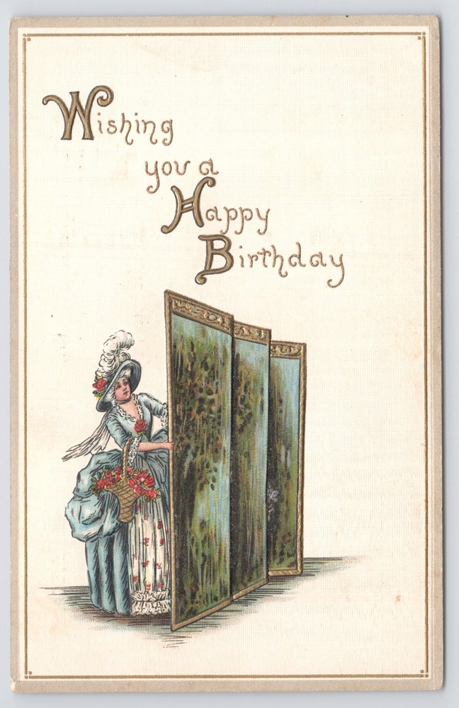 Greetings~Woman In Blue Dress Wishing You Happy Birthday~Vintage Postcard