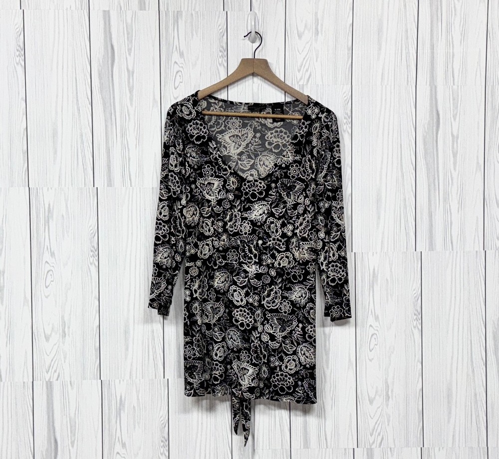 Apostrophe top womens 16-18w long sleeve blouse black floral patterned stretch