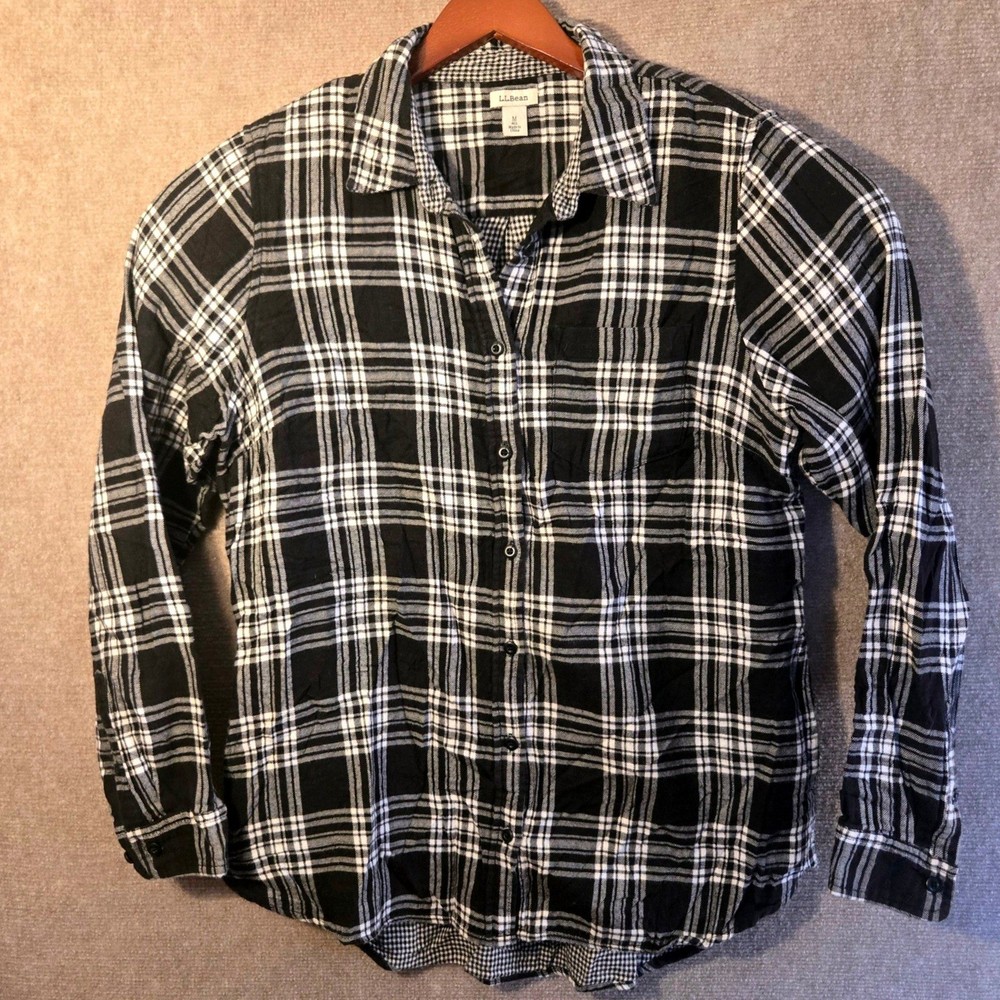 LL Bean Mens Sz M Scotch Plaid Button Down Flannel Shirt 100% Cotton Black White