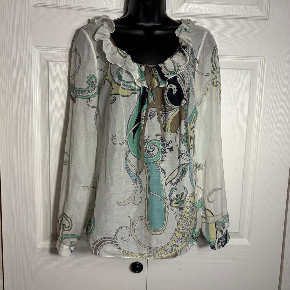 Elie Tahari Paisley Shirt Women M White Teal Ruffle Sheer Boho Silk Blend Top