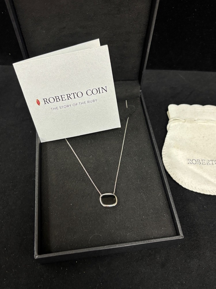 ROBERTO COIN 18K WHITE GOLD w/ BLACK JADE SOLITAIRE BEZEL NECKLACE W/POUCH & BOX
